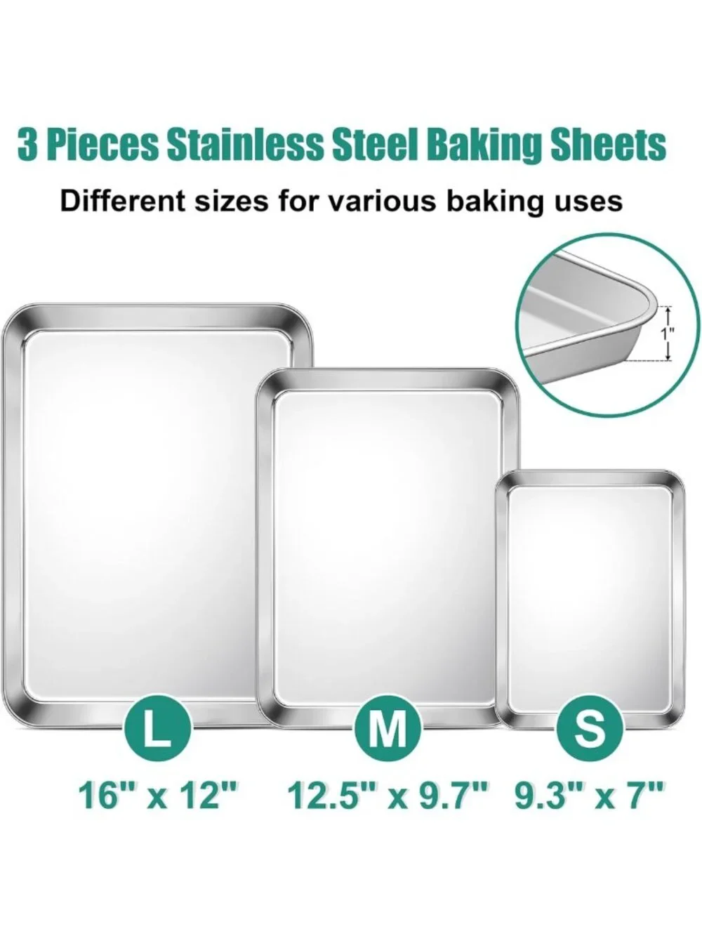 Stainless Steel Baking Sheet Set of 3 - Non-Toxic Cookie Sheets, Oven Trays